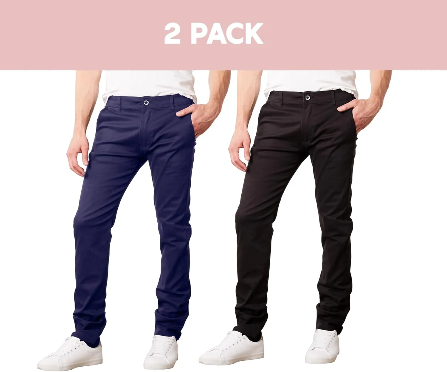Men's Flex Stretch Slim Fit Chino Pants, Classic Rayon Blend Pants with Multi Pocket 2-Pack
