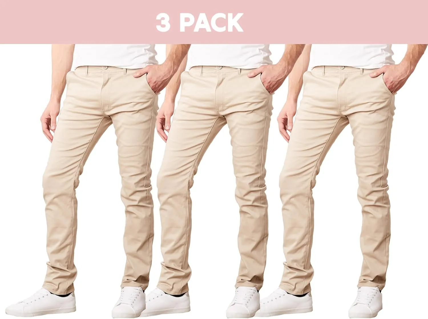 Men's Flex Stretch Slim Fit Chino Pants, Classic Rayon Blend Pants with Multi Pocket 3 Pack