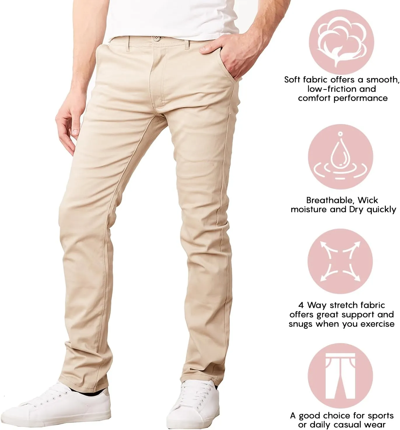 Men's Flex Stretch Slim Fit Chino Pants, Classic Rayon Blend Pants with Multi Pocket 3 Pack
