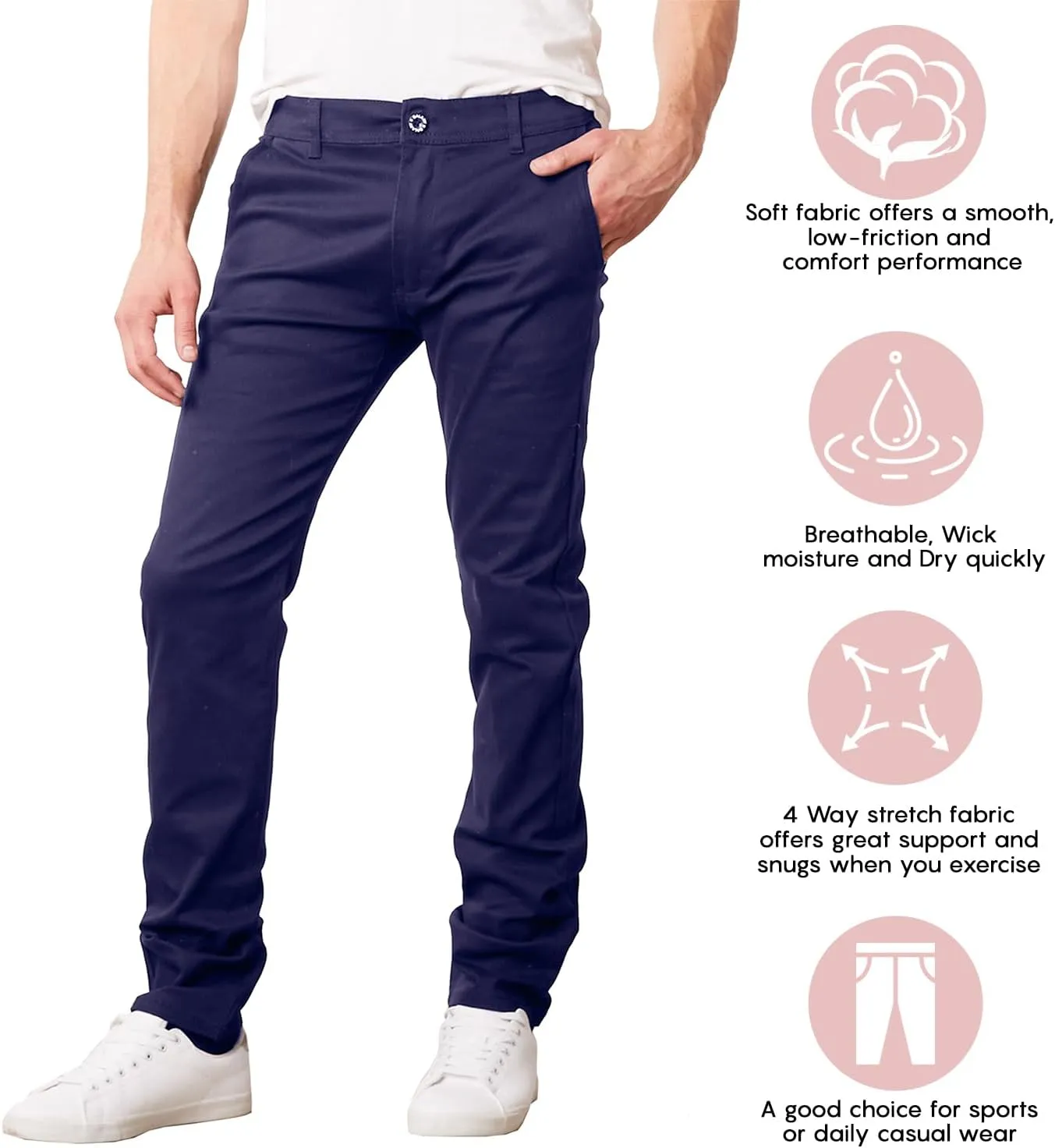 Men's Flex Stretch Slim Fit Chino Pants, Classic Rayon Blend Pants with Multi Pocket