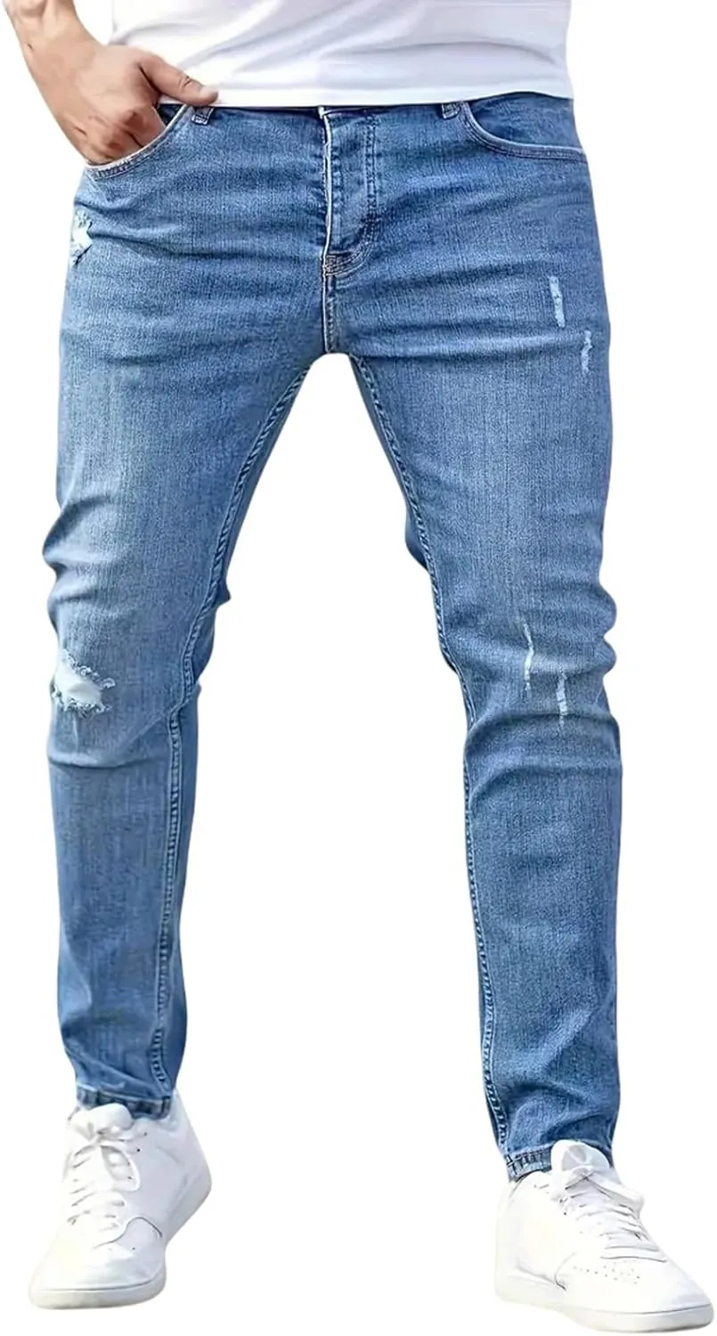 Mens Jeans Casual Slim Fit Skinny Denim Washed Stretch Tapered Jean Pants Trousers Fashion Clothing for Boyfriend Gift