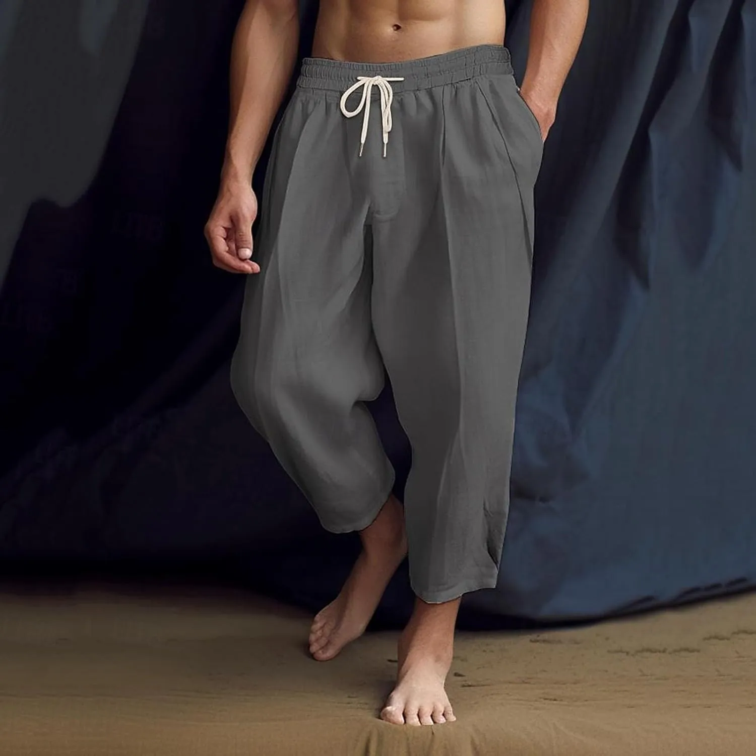 Mens Lightweight Linen Pants Solid Color Summer Sweatpants Lounge Classic Fit Beach Yoga Trousers Outdoor Joggers