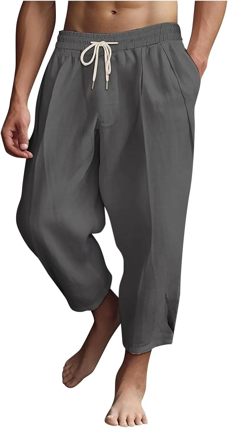 Mens Lightweight Linen Pants Solid Color Summer Sweatpants Lounge Classic Fit Beach Yoga Trousers Outdoor Joggers