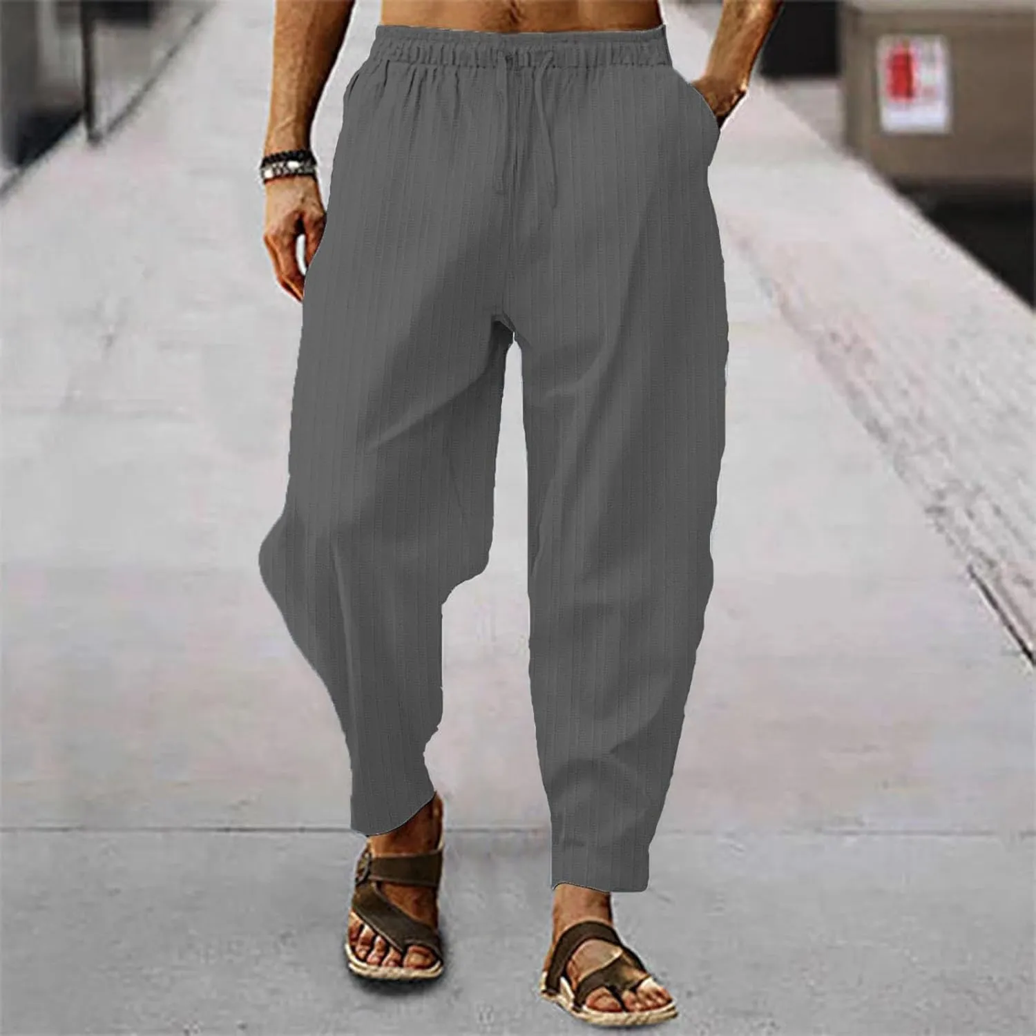 Mens Linen Cotton Drawstring Pants Elastic Waist Drawstring Casual Striped Trousers Trend Hippie Hip Hop Streetwear for Men