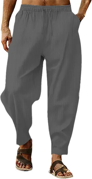 Mens Linen Cotton Drawstring Pants Elastic Waist Drawstring Casual Striped Trousers Trend Hippie Hip Hop Streetwear for Men
