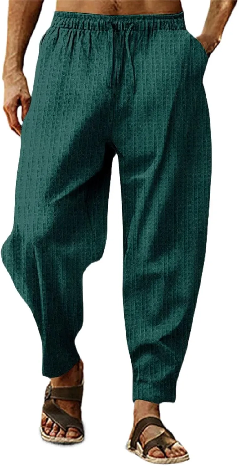 Mens Linen Cotton Drawstring Pants Elastic Waist Drawstring Casual Striped Trousers Trend Hippie Hip Hop Streetwear for Men