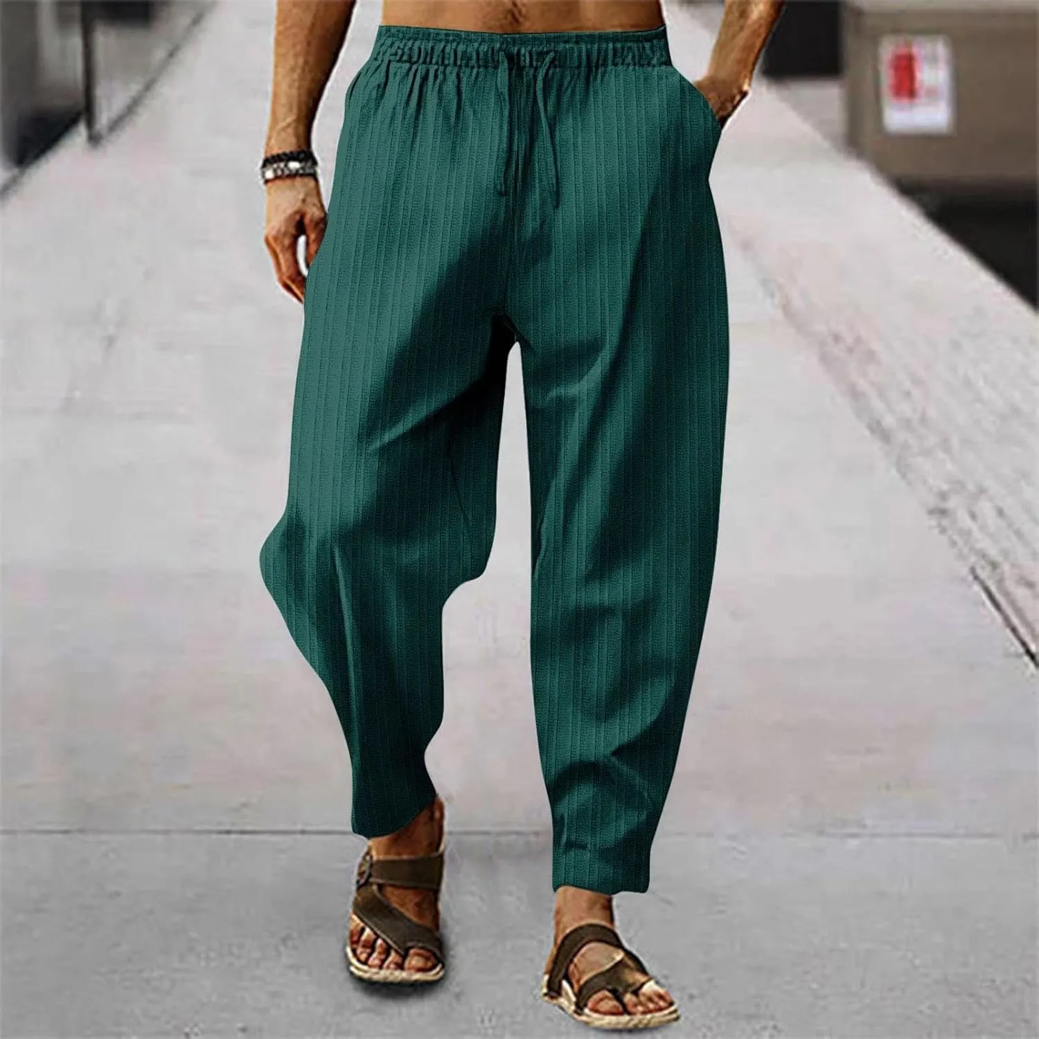 Mens Linen Cotton Drawstring Pants Elastic Waist Drawstring Casual Striped Trousers Trend Hippie Hip Hop Streetwear for Men