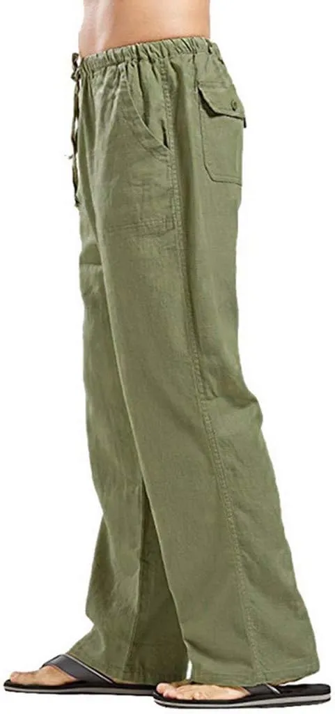 Mens Linen Harem Drawstring Plaid Pants Casual Elastic Waist Lightweight Loose Trouser Hippie Summer Beach Yoga Pant