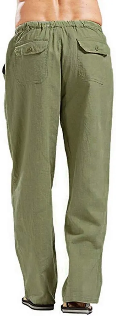 Mens Linen Harem Drawstring Plaid Pants Casual Elastic Waist Lightweight Loose Trouser Hippie Summer Beach Yoga Pant