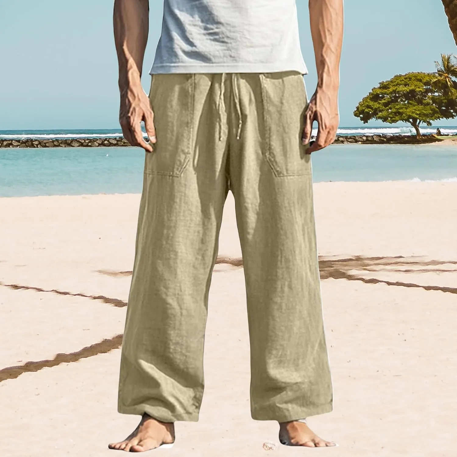 Mens Linen Loose Fit Elastic Waist Drawstring Baggy Stretchy Straight Legs Yoga Beach Casual Summer Trousers Pants