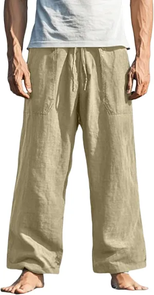 Mens Linen Loose Fit Elastic Waist Drawstring Baggy Stretchy Straight Legs Yoga Beach Casual Summer Trousers Pants