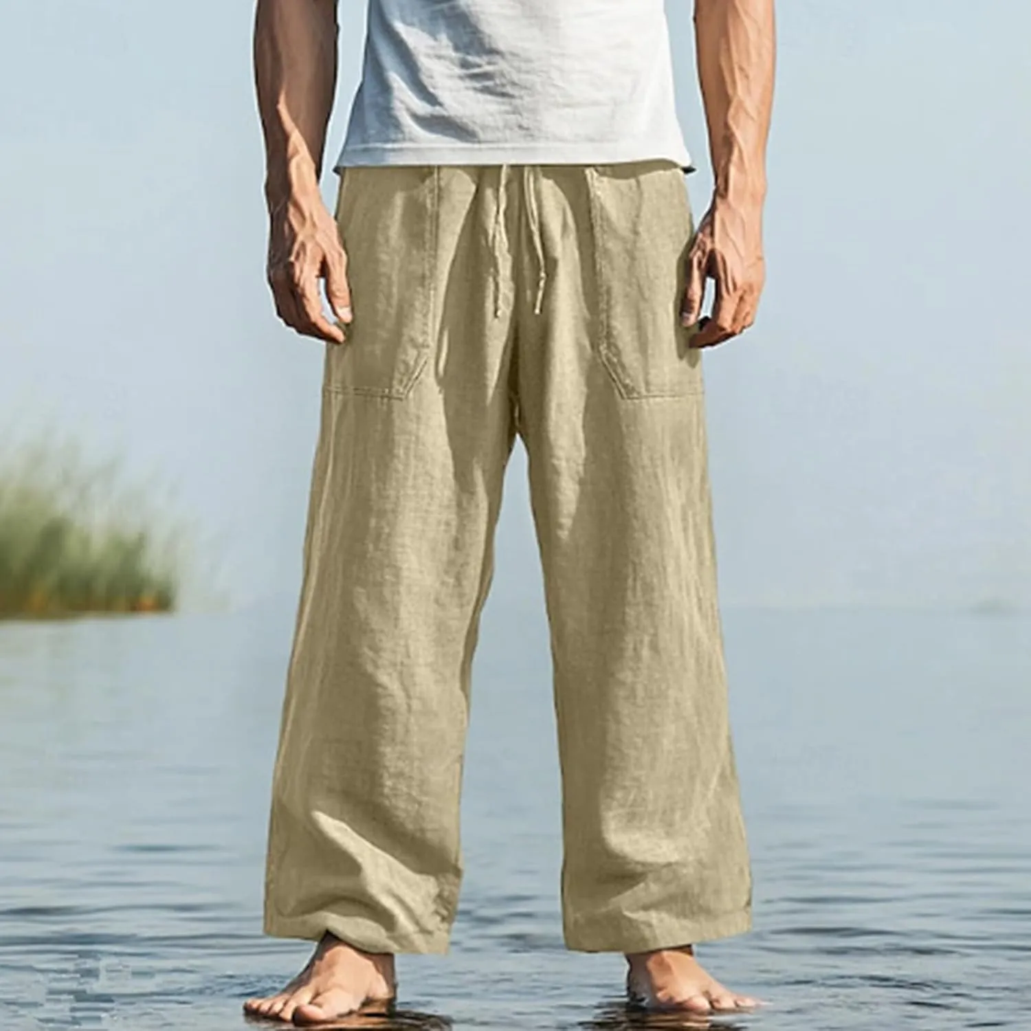 Mens Linen Loose Fit Elastic Waist Drawstring Baggy Stretchy Straight Legs Yoga Beach Casual Summer Trousers Pants