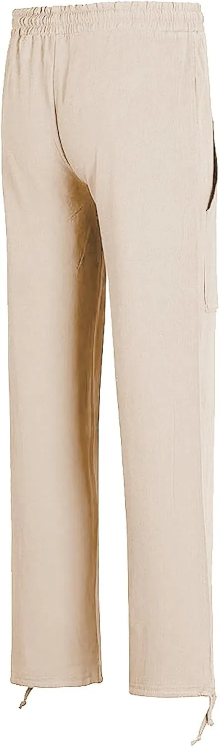 Men's Linen Pants Cargo Casual Pants Drawstring Elastic Waist Tapered Slacks Summer Beach Trousers with Multi Pockets