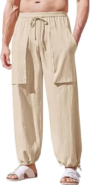 Men's Linen Pants Cargo Casual Pants Drawstring Elastic Waist Tapered Slacks Summer Beach Trousers with Multi Pockets