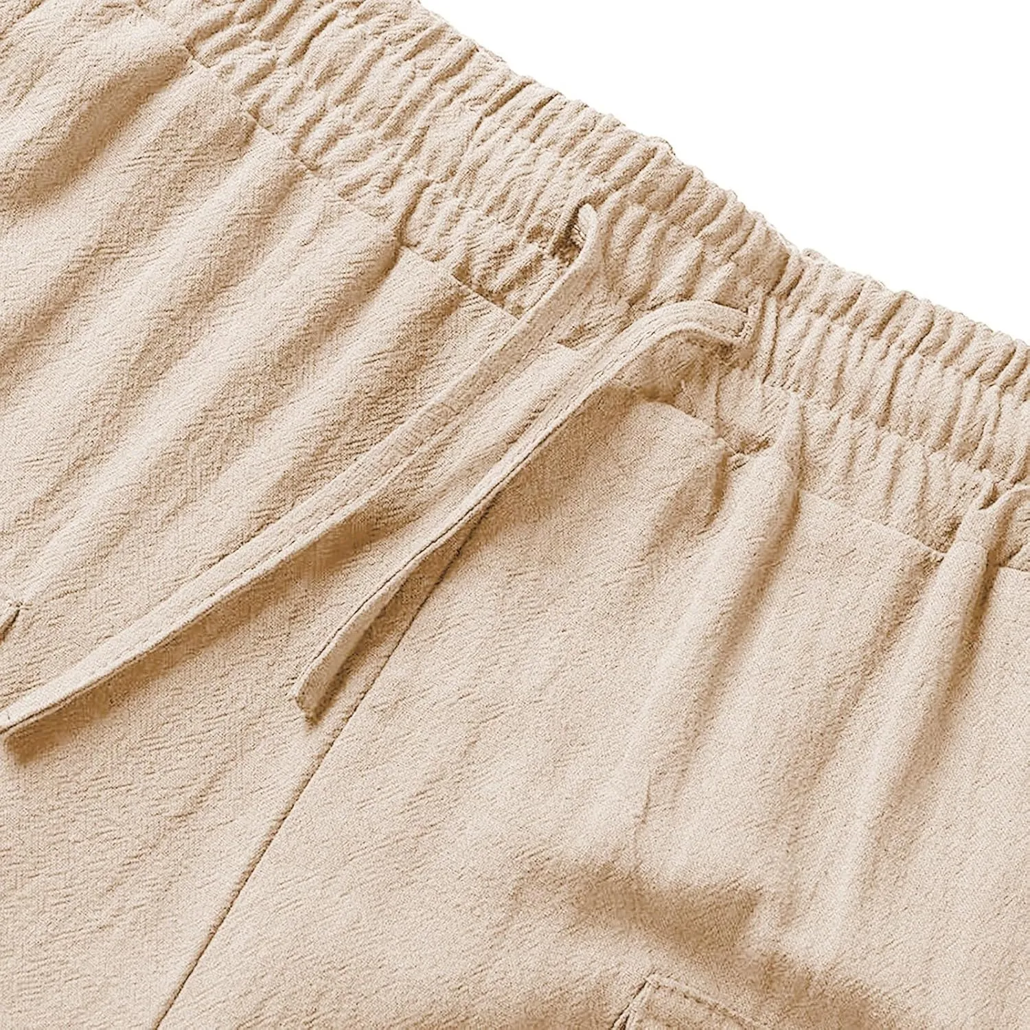 Men's Linen Pants Cargo Casual Pants Drawstring Elastic Waist Tapered Slacks Summer Beach Trousers with Multi Pockets