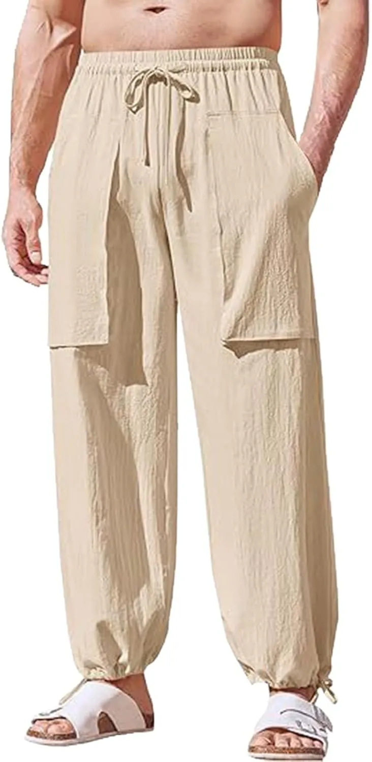 Men's Linen Pants Cargo Casual Pants Drawstring Elastic Waist Tapered Slacks Summer Beach Trousers with Multi Pockets