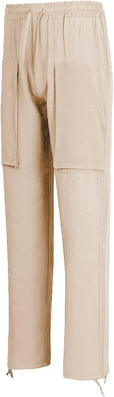 Men's Linen Pants Cargo Casual Pants Drawstring Elastic Waist Tapered Slacks Summer Beach Trousers with Multi Pockets