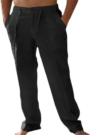 Men's Linen Pants Pants for Men Baggy Straight Leg High Waisted Loose Fit Cotton Linen Casual Summer Beach Pant