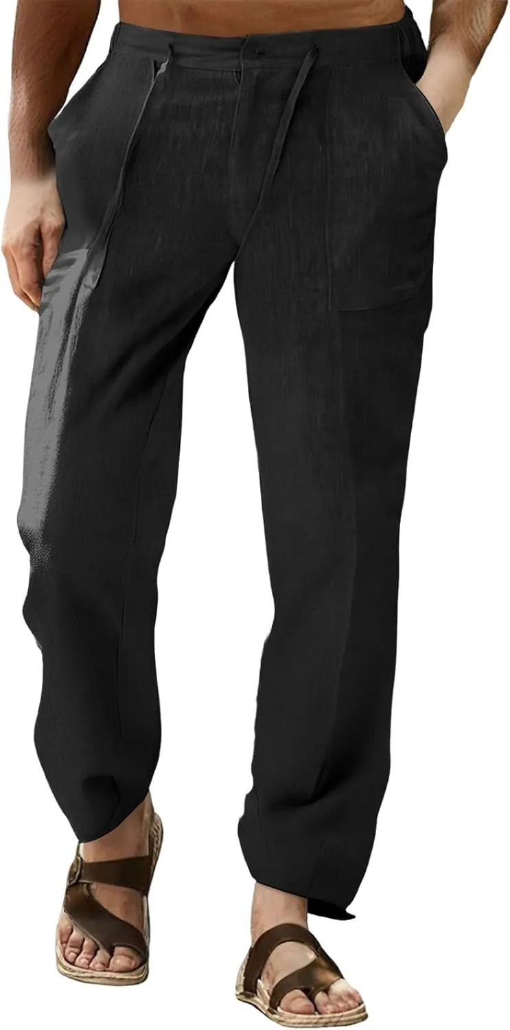 Men's Linen Pants Pants for Men Baggy Straight Leg High Waisted Loose Fit Cotton Linen Casual Summer Beach Pant