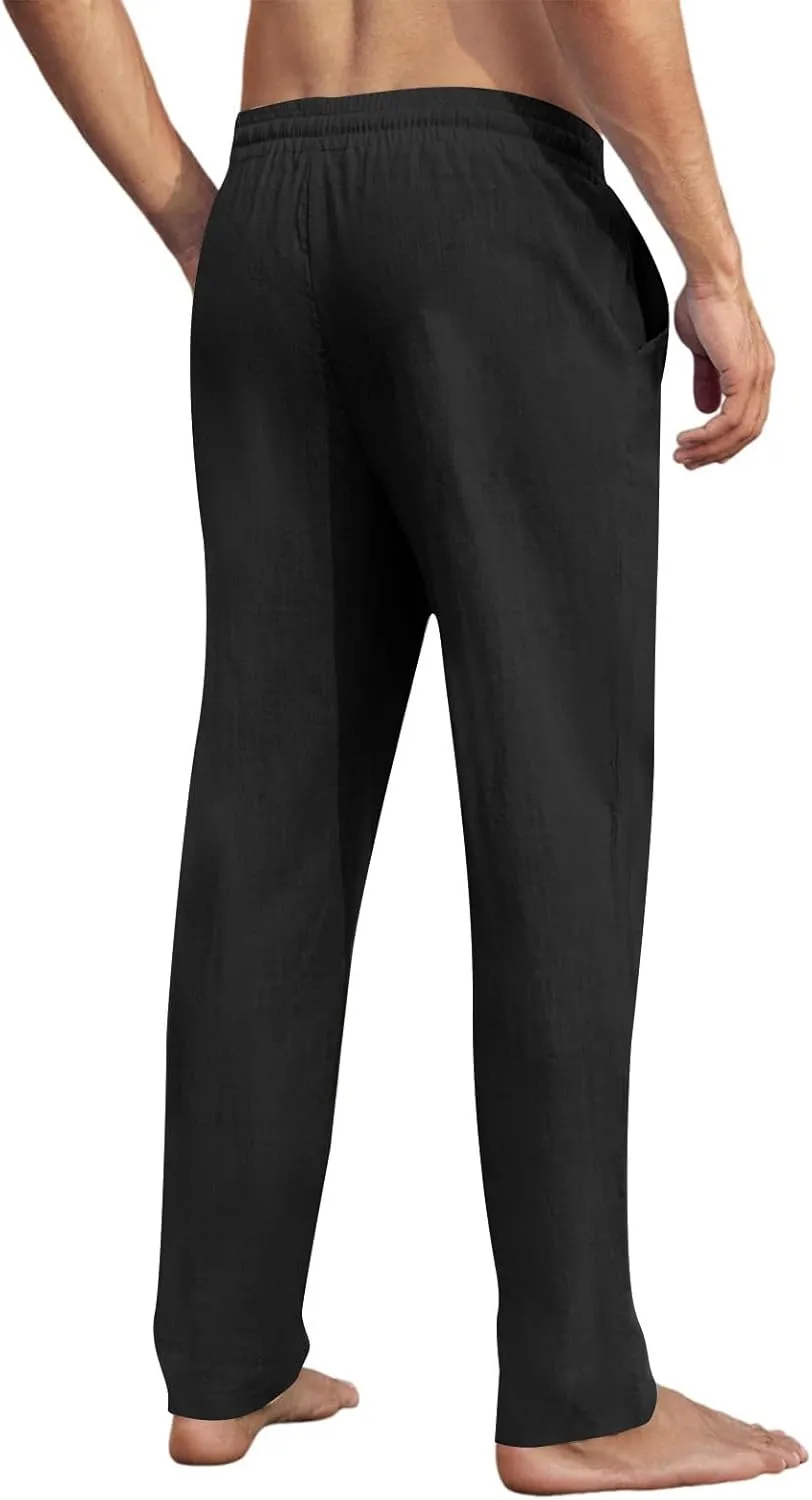 Men's Linen Pants Pants for Men Baggy Straight Leg High Waisted Loose Fit Cotton Linen Casual Summer Beach Pant