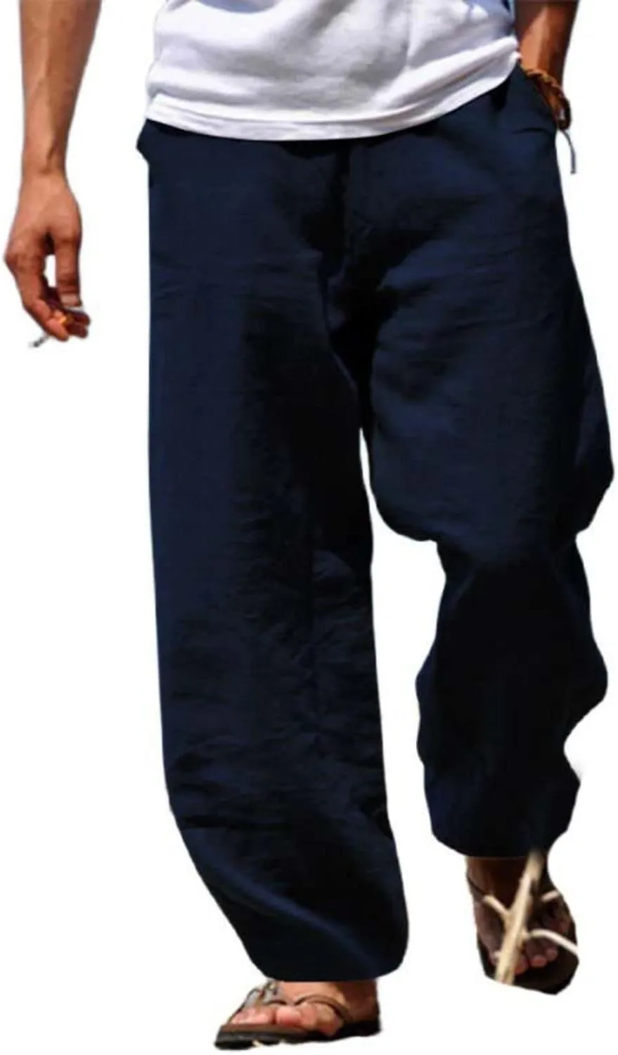 Men's Linen Pants Summer Beach Pant Casual Solid Drawstring Yoga Pants Trousers