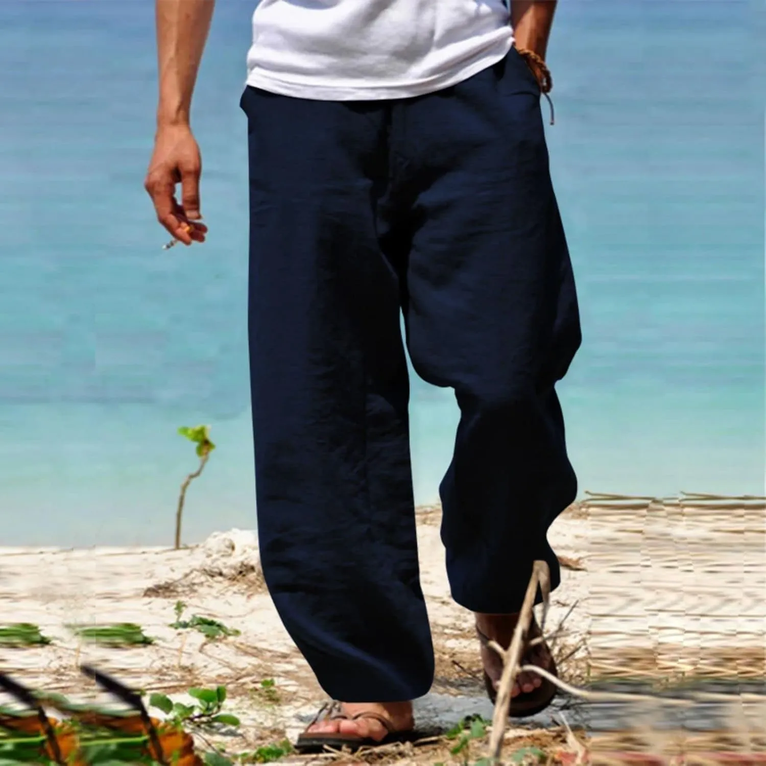Men's Linen Pants Summer Beach Pant Casual Solid Drawstring Yoga Pants Trousers