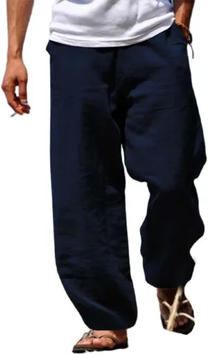 Men's Linen Pants Summer Beach Pant Casual Solid Drawstring Yoga Pants Trousers