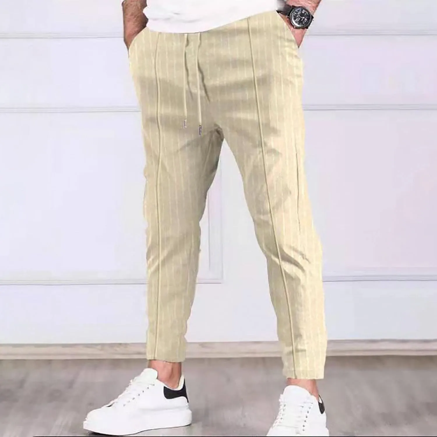 Mens Linen Stripe Casual Pants Stretch Slim Fit Skinny Jogging Sweatpants for Men Textured Business Tapered Chino Trousers