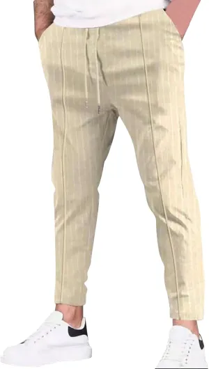 Mens Linen Stripe Casual Pants Stretch Slim Fit Skinny Jogging Sweatpants for Men Textured Business Tapered Chino Trousers