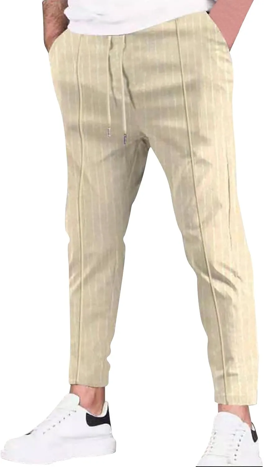 Mens Linen Stripe Casual Pants Stretch Slim Fit Skinny Jogging Sweatpants for Men Textured Business Tapered Chino Trousers