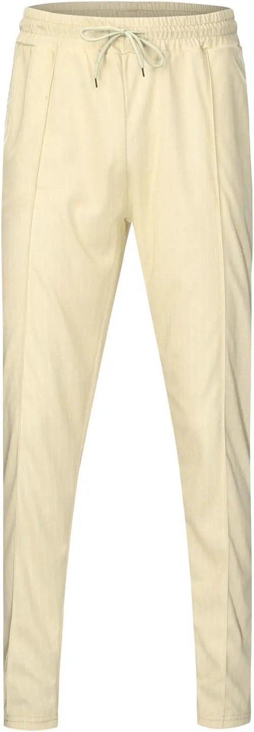Mens Linen Stripe Casual Pants Stretch Slim Fit Skinny Jogging Sweatpants for Men Textured Business Tapered Chino Trousers