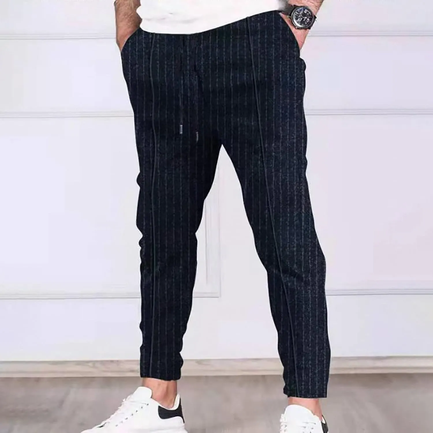 Mens Linen Stripe Casual Pants Stretch Slim Fit Skinny Jogging Sweatpants for Men Textured Business Tapered Chino Trousers