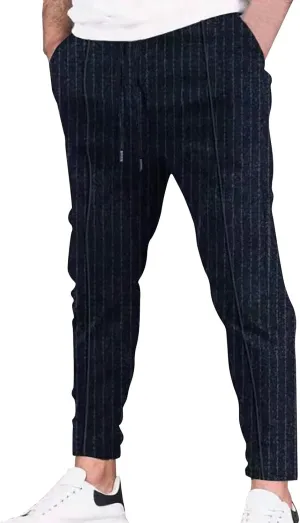 Mens Linen Stripe Casual Pants Stretch Slim Fit Skinny Jogging Sweatpants for Men Textured Business Tapered Chino Trousers