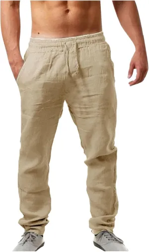 Mens Linen Yoga Lightweight Joggers Pants, Loose Casual Summer Elastic Waist Drawstring Baggy Trousers with Pocket