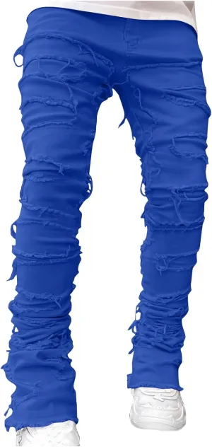Men's Ripped Distressed Destroyed Straight Fit Skinny Stretchy Slim Fit Stacked Hip Hop Trousers Fashion Streetwear