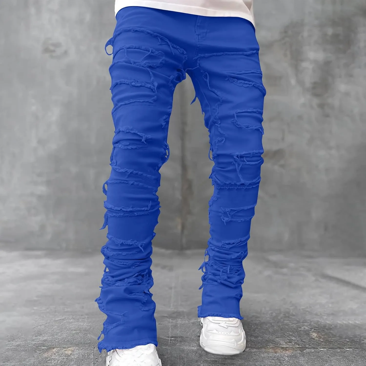 Men's Ripped Distressed Destroyed Straight Fit Skinny Stretchy Slim Fit Stacked Hip Hop Trousers Fashion Streetwear