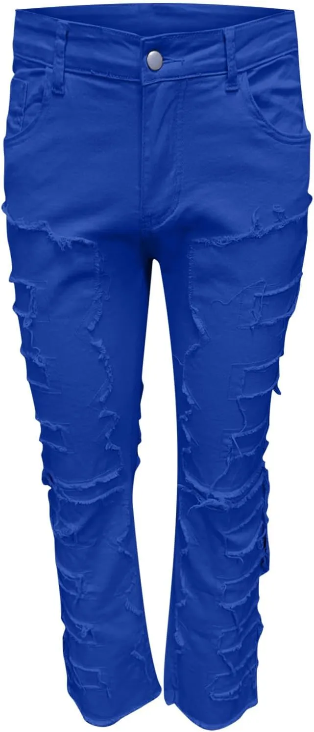 Men's Ripped Distressed Destroyed Straight Fit Skinny Stretchy Slim Fit Stacked Hip Hop Trousers Fashion Streetwear