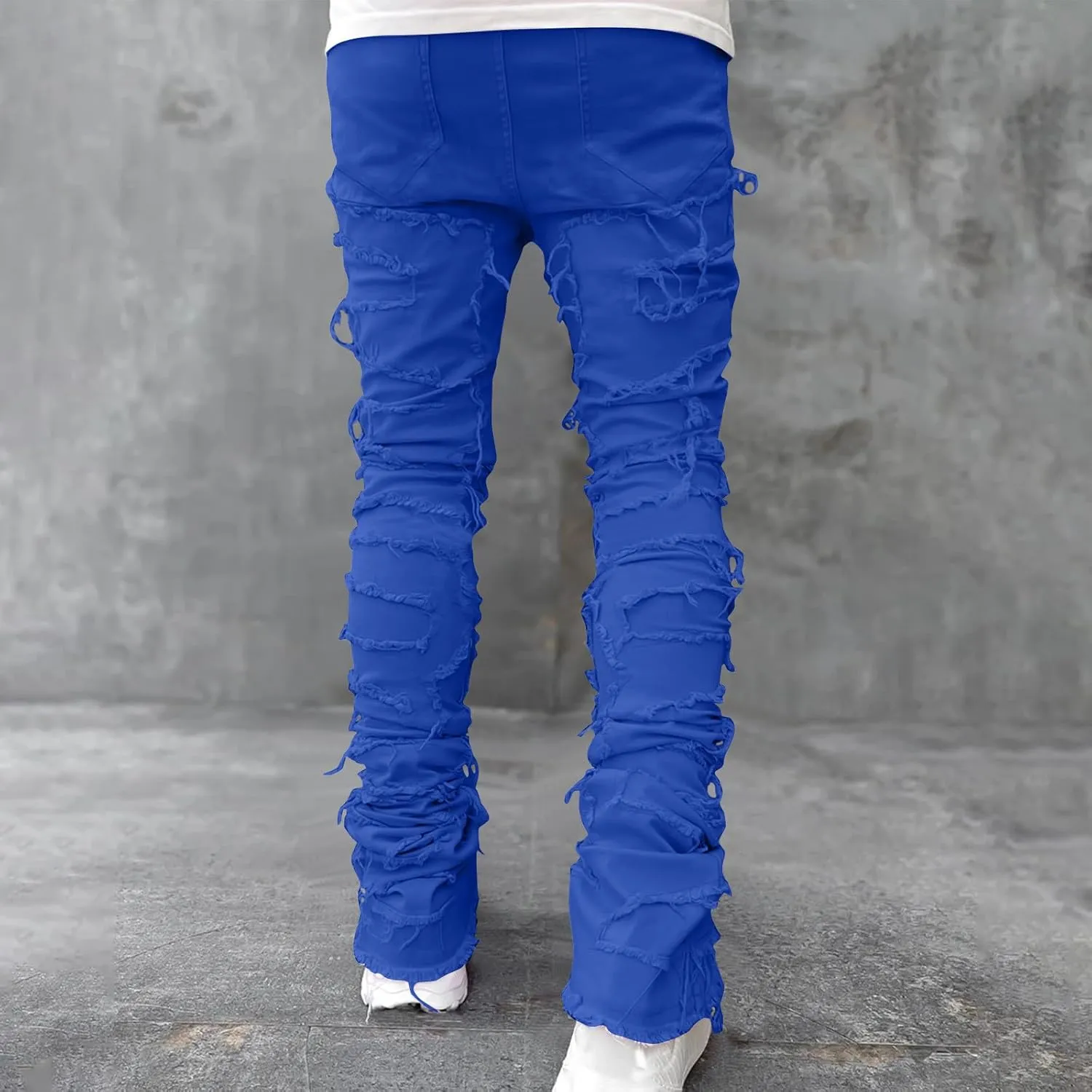 Men's Ripped Distressed Destroyed Straight Fit Skinny Stretchy Slim Fit Stacked Hip Hop Trousers Fashion Streetwear