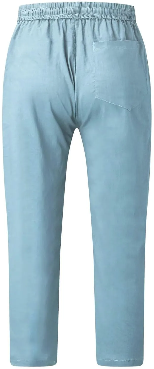 Mens Slim Fit Cotton Linen Pants Straight Leg Elastic Waist Classic Chino Pants Lightweight Beach Yoga Trousers with Pockets