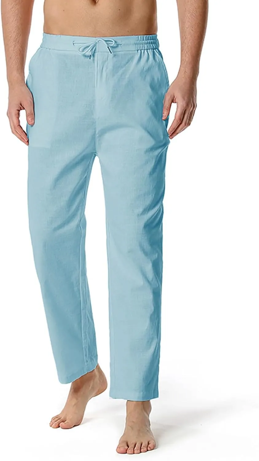 Mens Slim Fit Cotton Linen Pants Straight Leg Elastic Waist Classic Chino Pants Lightweight Beach Yoga Trousers with Pockets