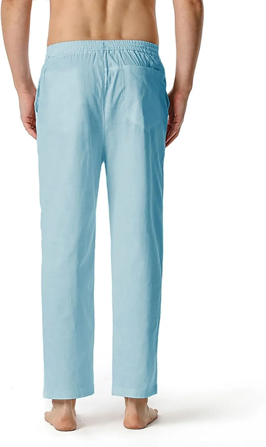 Mens Slim Fit Cotton Linen Pants Straight Leg Elastic Waist Classic Chino Pants Lightweight Beach Yoga Trousers with Pockets