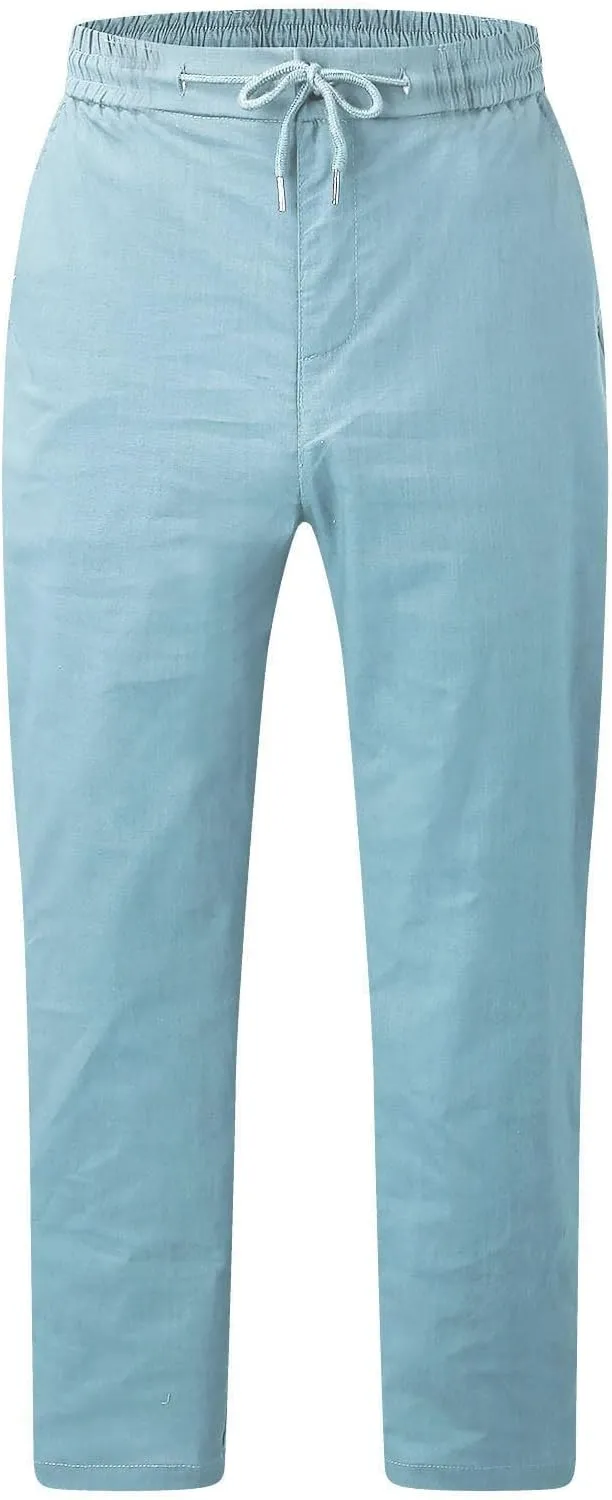 Mens Slim Fit Cotton Linen Pants Straight Leg Elastic Waist Classic Chino Pants Lightweight Beach Yoga Trousers with Pockets
