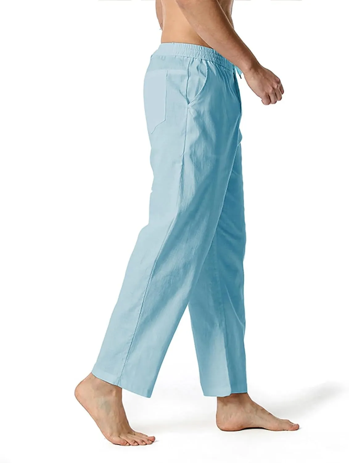 Mens Slim Fit Cotton Linen Pants Straight Leg Elastic Waist Classic Chino Pants Lightweight Beach Yoga Trousers with Pockets