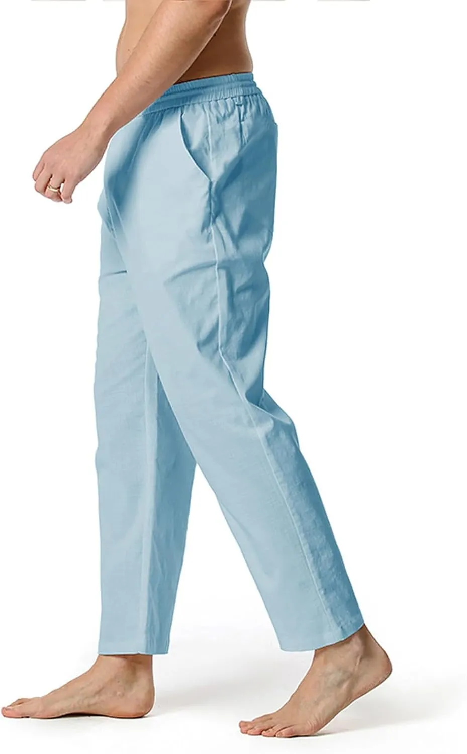 Mens Slim Fit Cotton Linen Pants Straight Leg Elastic Waist Classic Chino Pants Lightweight Beach Yoga Trousers with Pockets