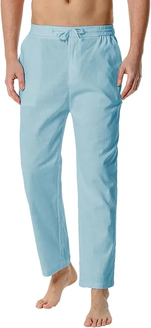 Mens Slim Fit Cotton Linen Pants Straight Leg Elastic Waist Classic Chino Pants Lightweight Beach Yoga Trousers with Pockets