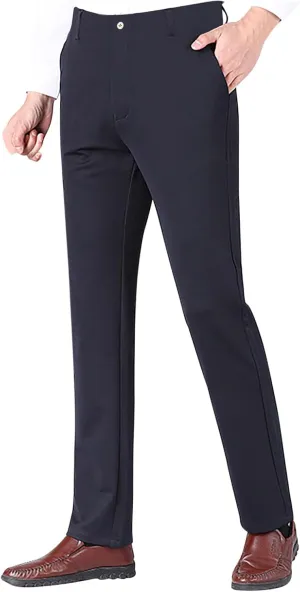 Mens Slim Fit Dress Pants Stretch Classic Flat Front Work Pants Lightweight Casual Business Office Straight Trousers