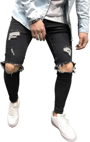 Men's Slim-fit Ripped Denim Pants Classic Casual Biker Jeans Pants Distressed Destroyed Trousers
