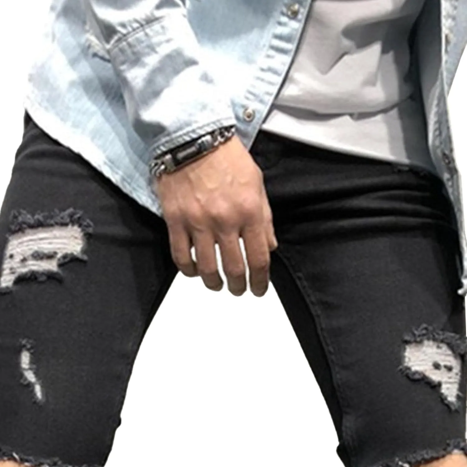 Men's Slim-fit Ripped Denim Pants Classic Casual Biker Jeans Pants Distressed Destroyed Trousers