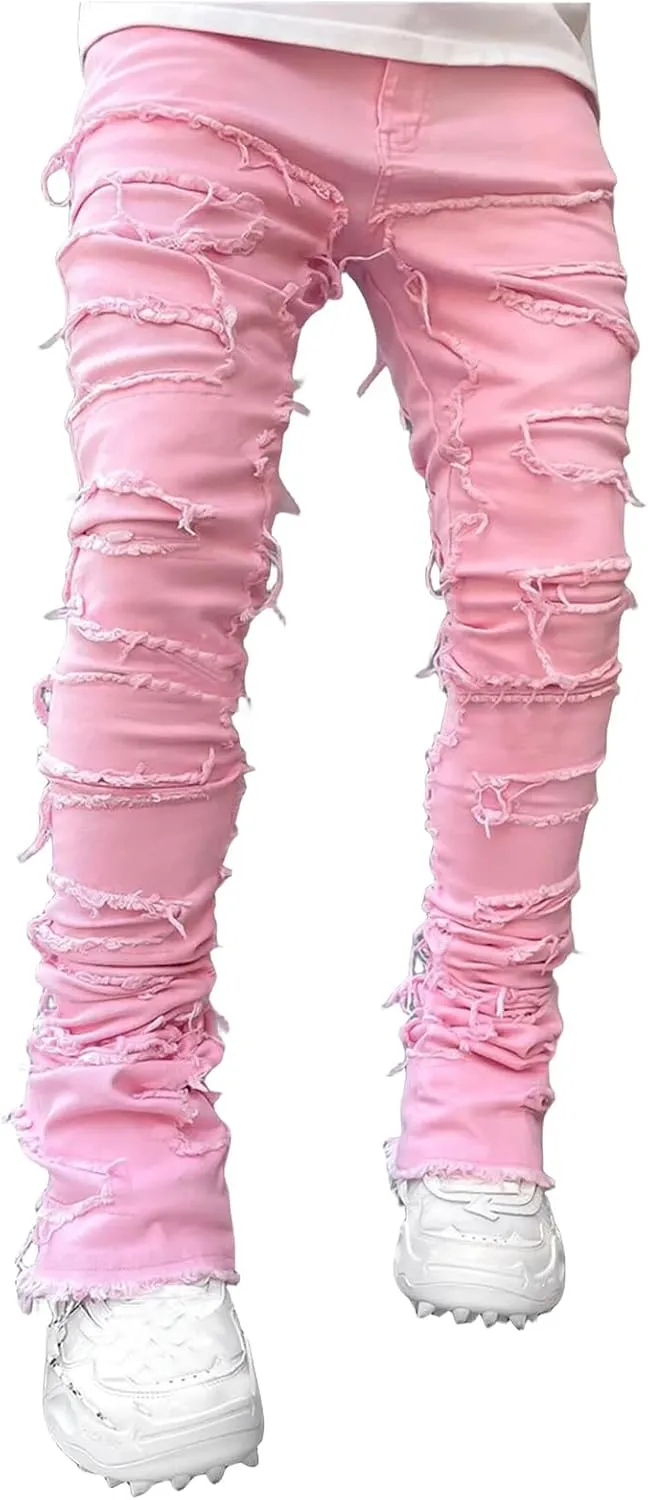 Mens Slim Fit Stretch Jeans Distressed Patchwork Stacked Frayed Skinny Denim Pants Straight Leg Trouser