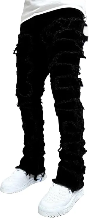 Mens Slim Fit Stretch Jeans Distressed Patchwork Stacked Frayed Skinny Denim Pants Straight Leg Trouser